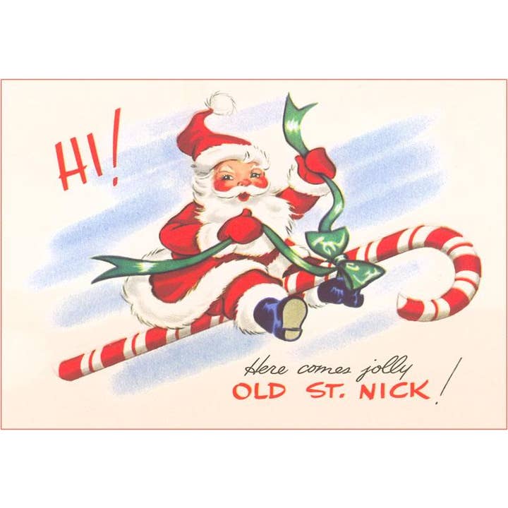 Postcard MC-458 St. Nick Riding Candy Cane for wholesale by Found Image Press