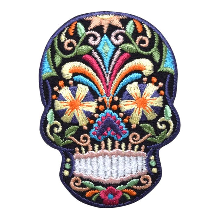 Black Sugar Skull - Blue/Yellow Flower Eyes Iron on Patch for wholesale by Wholesale Applique