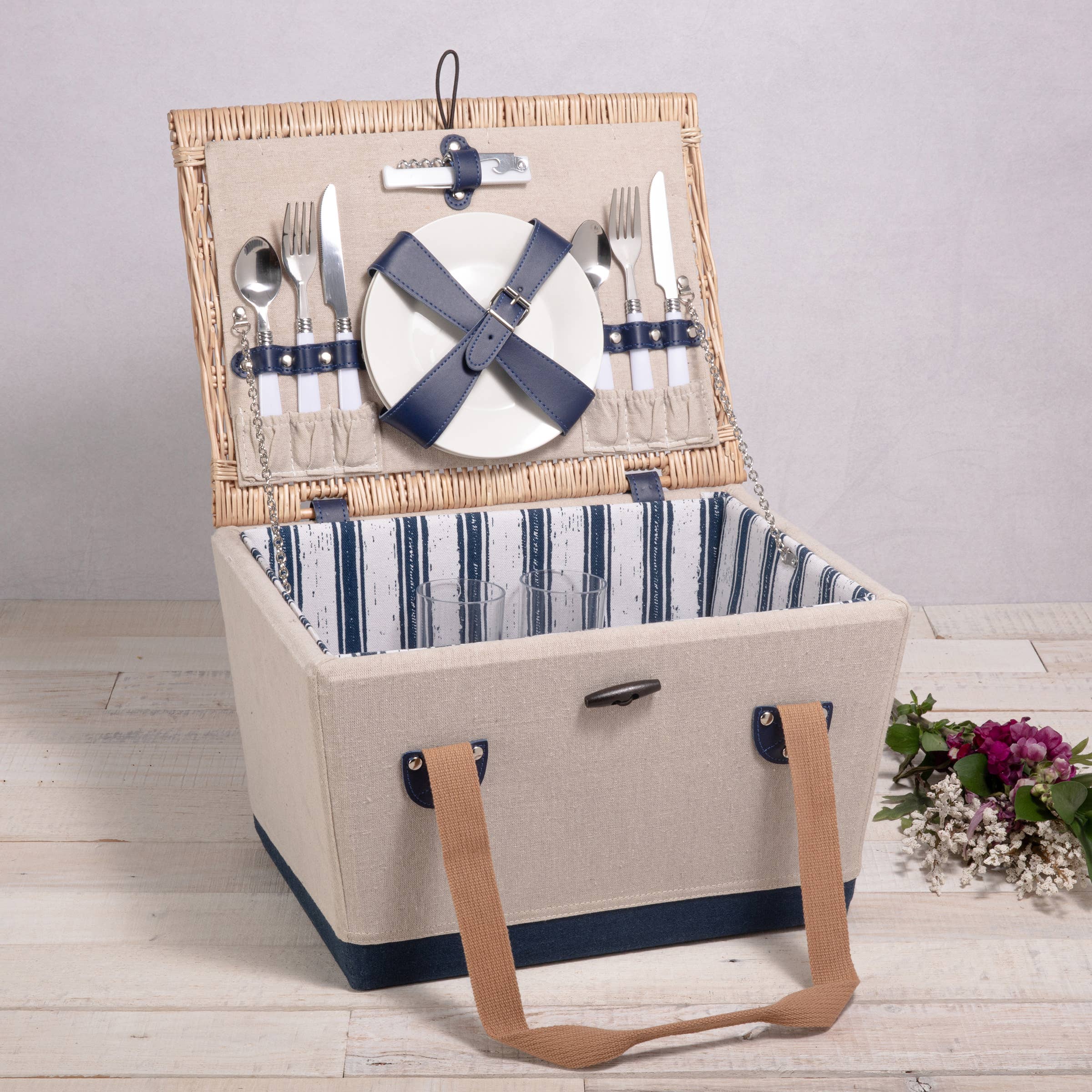 Beige Canvas with Navy Blue Accents Boardwalk Picnic Basket for 2 for wholesale on Faire15