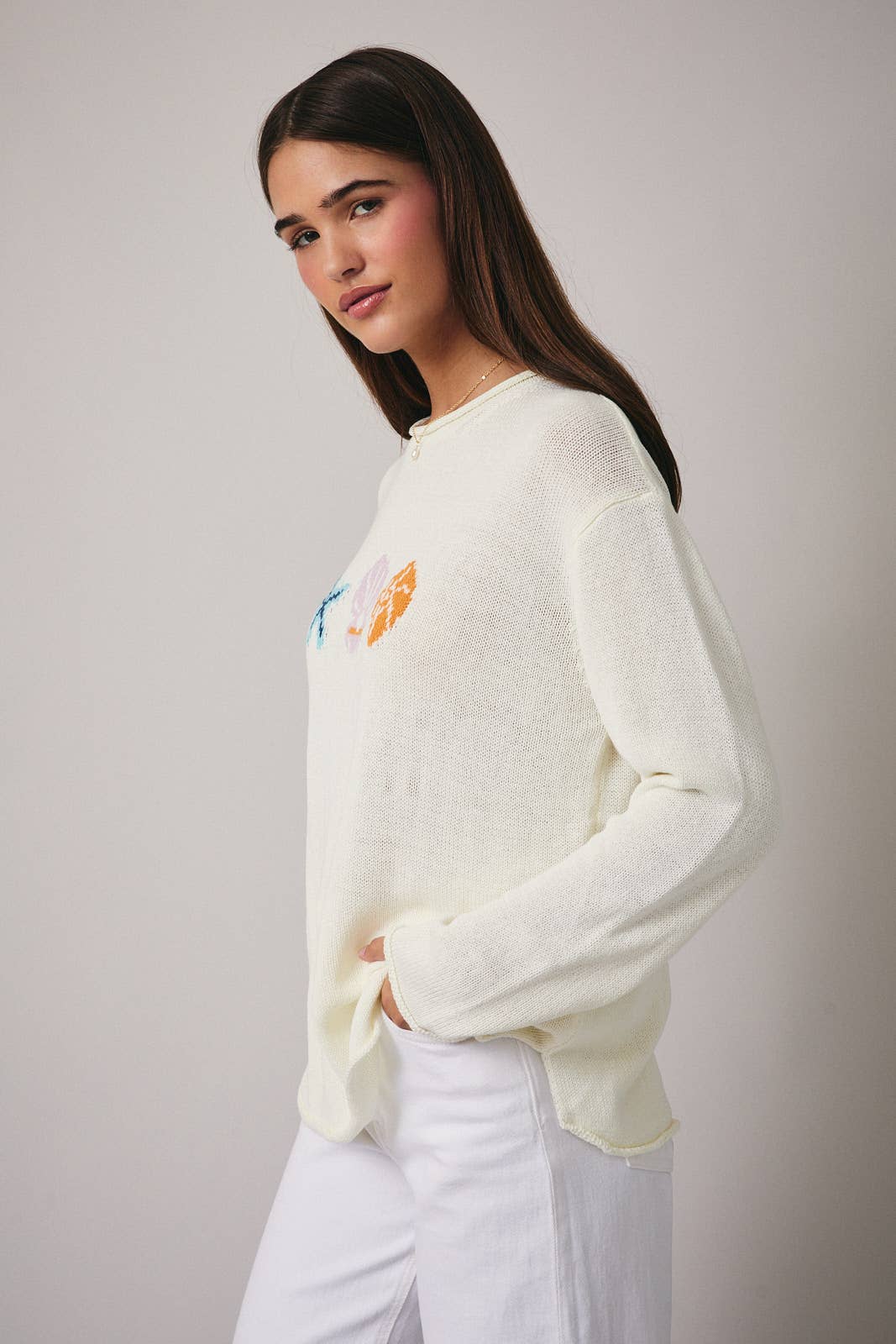 CREAM ROUND NECK LONG SLEEVE 'SEA' GRAPHIC SWEATER for wholesale on Faire1