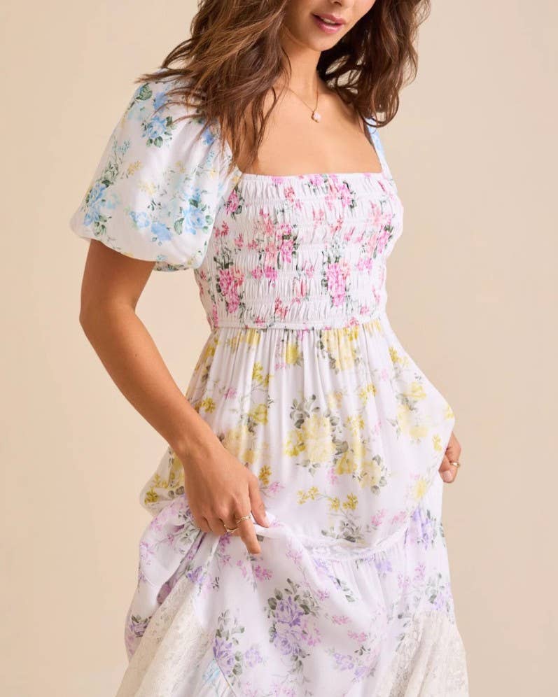 Color Sweet Puff Sleeve Floral Print Lace Splicing Swing Dress for wholesale on Faire0