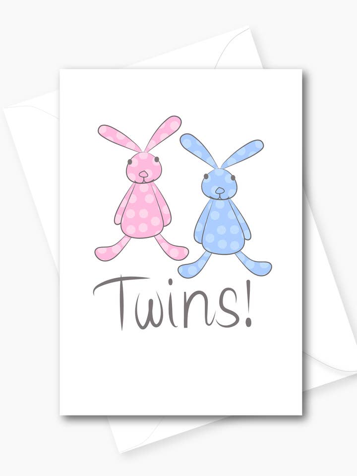 New Baby Bunny Twins card, boy /girl pink, blue ,mixed for wholesale by Leah Roberts Design