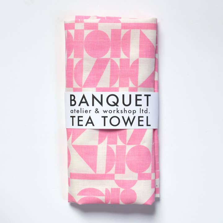 Banquet Workshop - Wholesale Tea Towel - All-Linen Tea Towel with Bubblegum Pink Geometric Shapes0