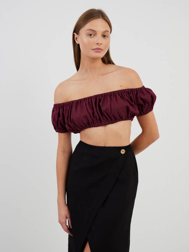 Valentina Linen Off Shoulder Crop Top for wholesale by Love and Confuse