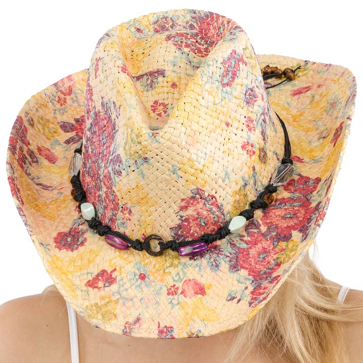 Cap Zone - Wholesale Cowboy Hat - Women's - Floral Print Raffia Straw Cowboy Hat