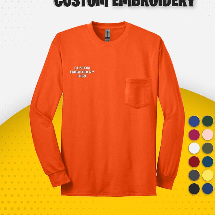 Embroidered Cotton Long Sleeve T-Shirt with Pocket ( 6 Pcs ) for wholesale by TSS Printing