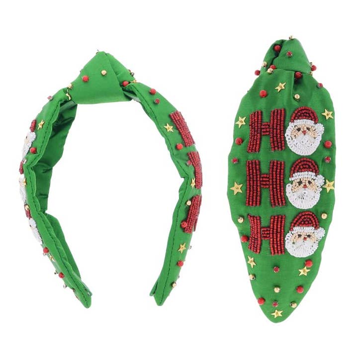 Green Satin "Ho Ho Ho" Santa Headband for wholesale by Jane Marie