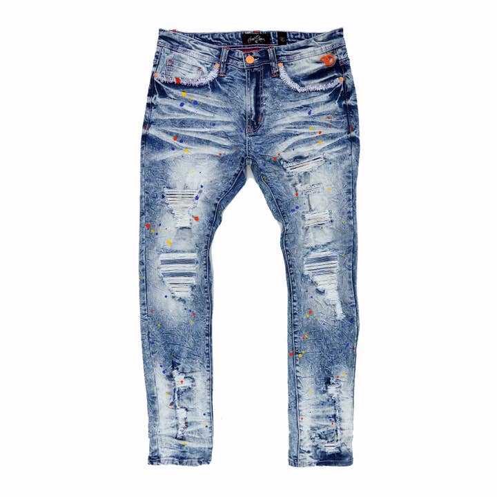 F1778 Frost Shredded Jeans W/ Paint - Light Wash for wholesale on Faire
