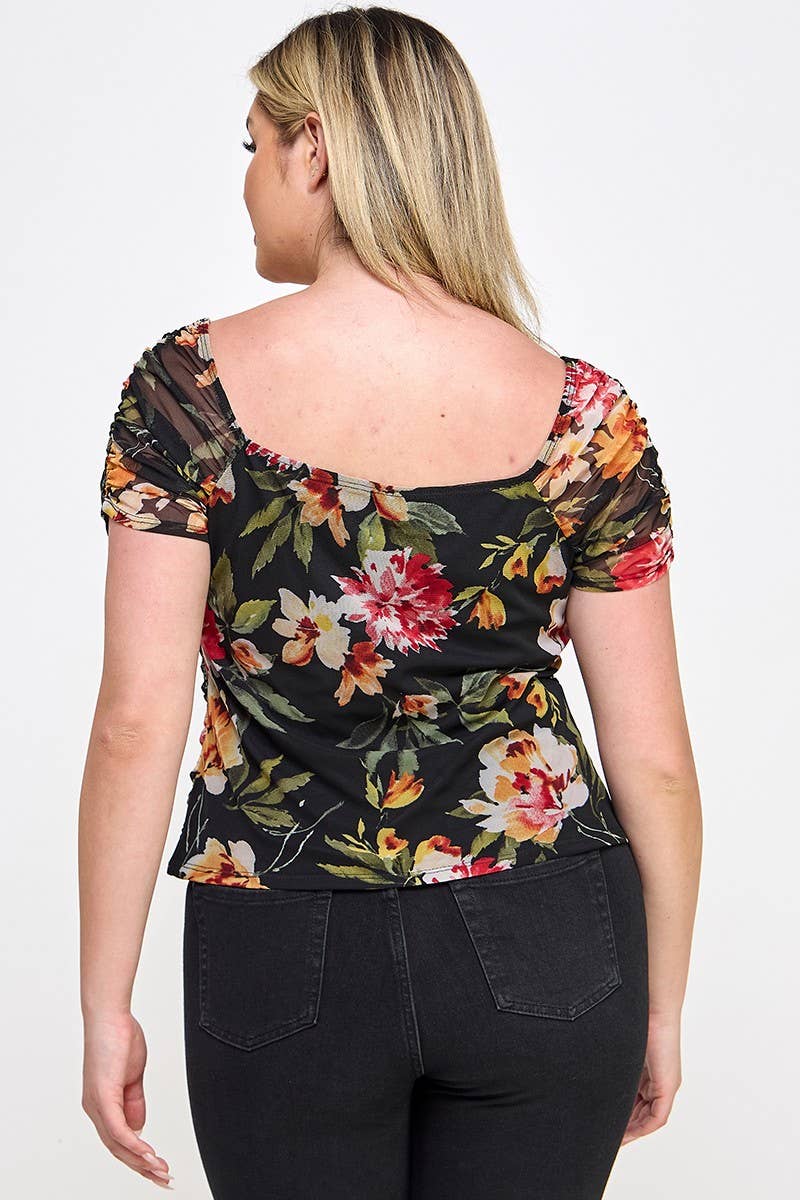 Haute Fox Plus Size & Contemporary - Wholesale Blouse - Women's - Plus Size Mesh Floral Print Ruched Top - WG18420-T5