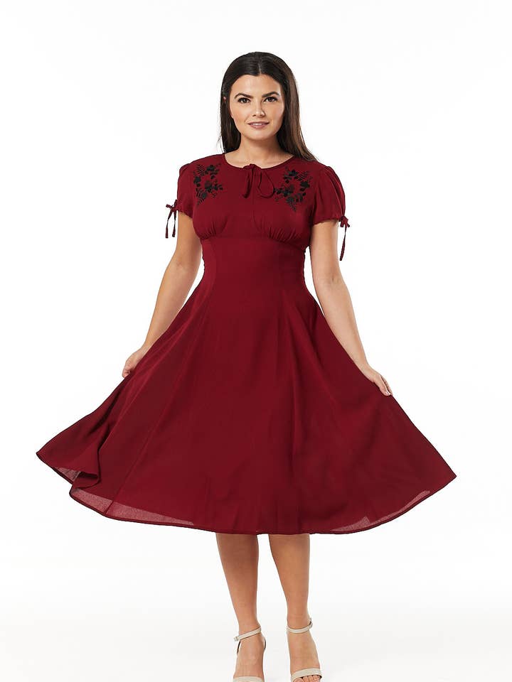 Ava Burgandy Midi Dress hand embroidery and Empire Waist for wholesale by Timeless London
