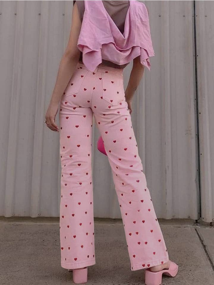 Pink Valentine's Day heart print stretch straight jeans for wholesale on Faire1