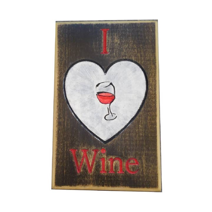 I Heart Wine Carved Wood Sign for wholesale by Canary Hill Works