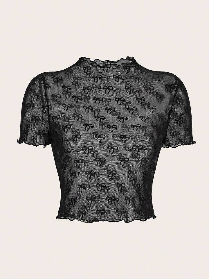 Black Bowknot Sheer Mesh Mock Neck Lettuce Trim Short Sleeve Top for wholesale on Faire
