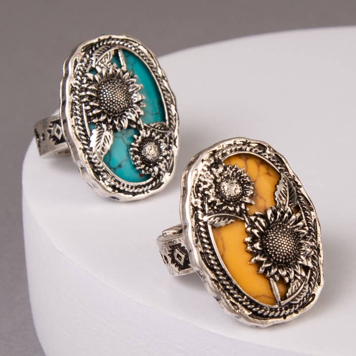 SP Sophia Collection - Wholesale Cocktail/Statement Ring - Western Turquoise Sunflower Oval Stretch Ring2