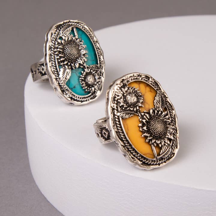 Western Turquoise Sunflower Oval Stretch Ring for wholesale by SP Sophia Collection