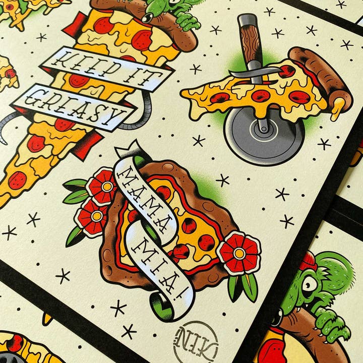 Dumb Junk - Wholesale Art Print - Pizza Traditional Tattoo Flash Art Print 11x14"1