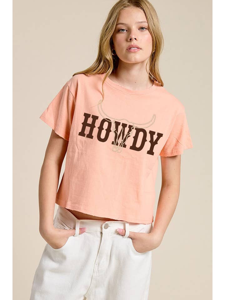 Zutter - Wholesale Screen Printed T-Shirt - Women's - PUFF' Cow Skull Howdy Graphic S/S Seamless Faux Crop4