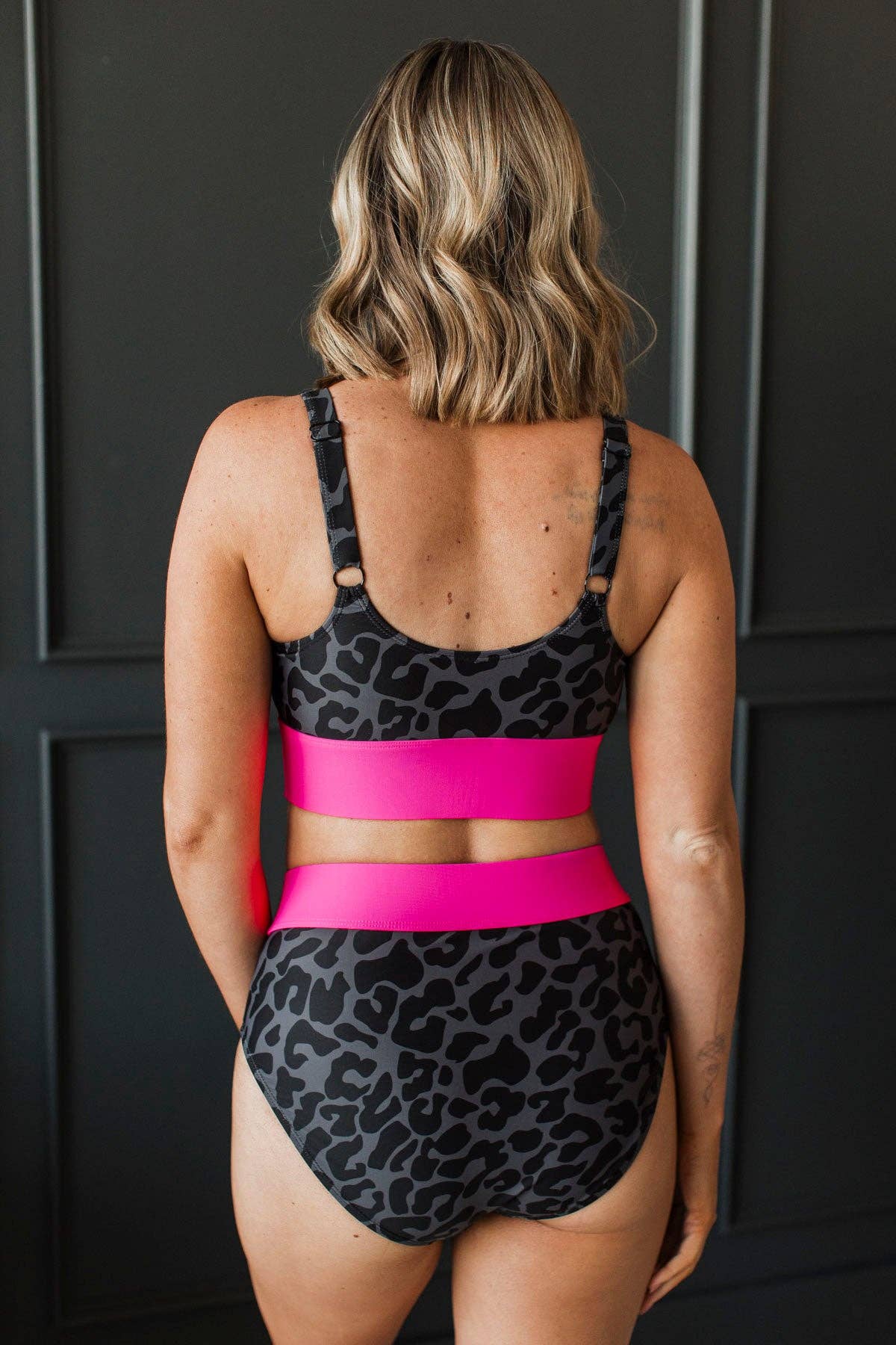 Mack and Mal - Wholesale Swim Top - Women's - Kissed By The Sun Bikini Swim Top- Charcoal Leopard & Neon Pink3