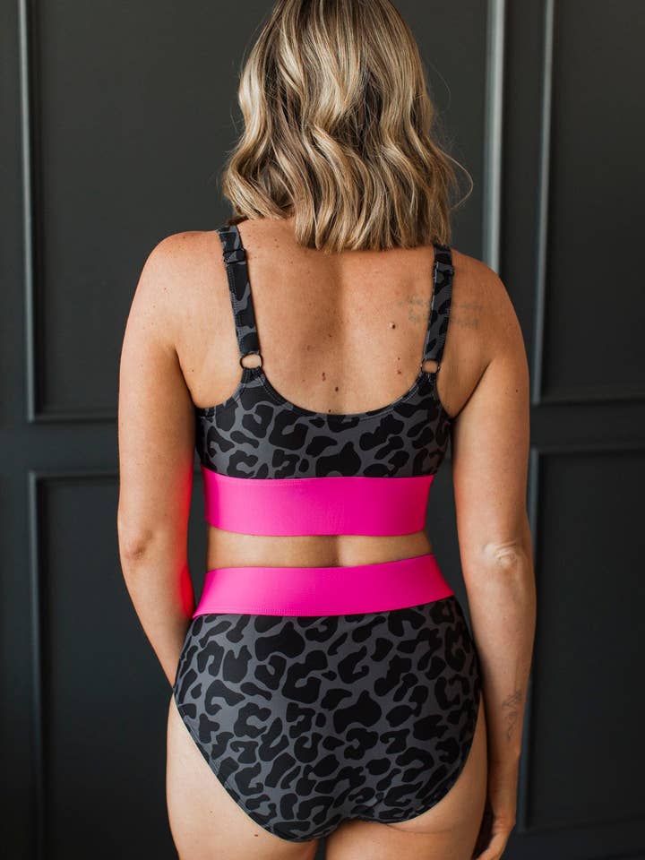 Mack and Mal - Wholesale Swim Top - Women's - Kissed By The Sun Bikini Swim Top- Charcoal Leopard & Neon Pink3