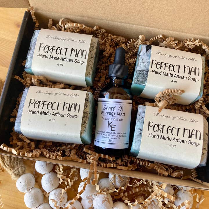 Caja de regalo Perfect Man para hombre, barra de jabón, aceite para barba, 4 onzas para venta al por mayor de The Soaps of Katie Elder