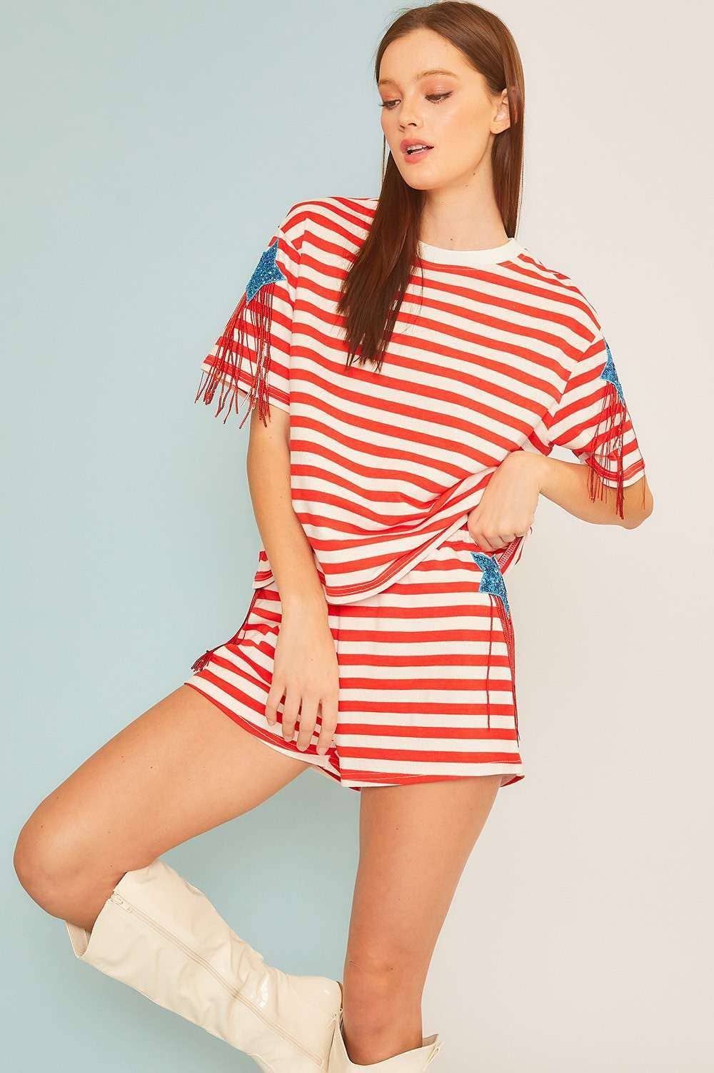 ROT/WEISS Fringe Star Patch Shorts für den 4. Juli für den Großhandel auf Faire5