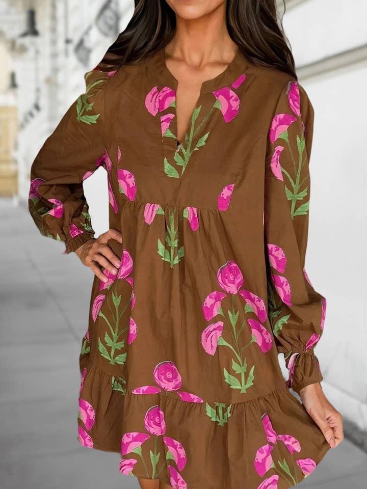 Floral Babydoll Tunic Ruffled Hem Puff Sleeve Dress | S-XL for wholesale by Aapparella