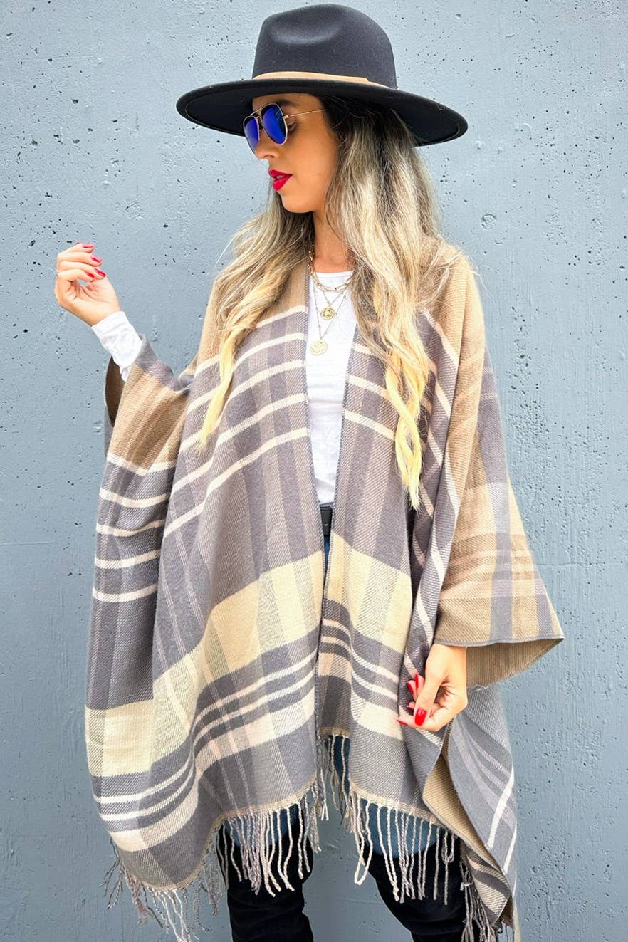 Grey Multi-Check Printed Ruana Cardigan With Tassel  for wholesale on Faire2