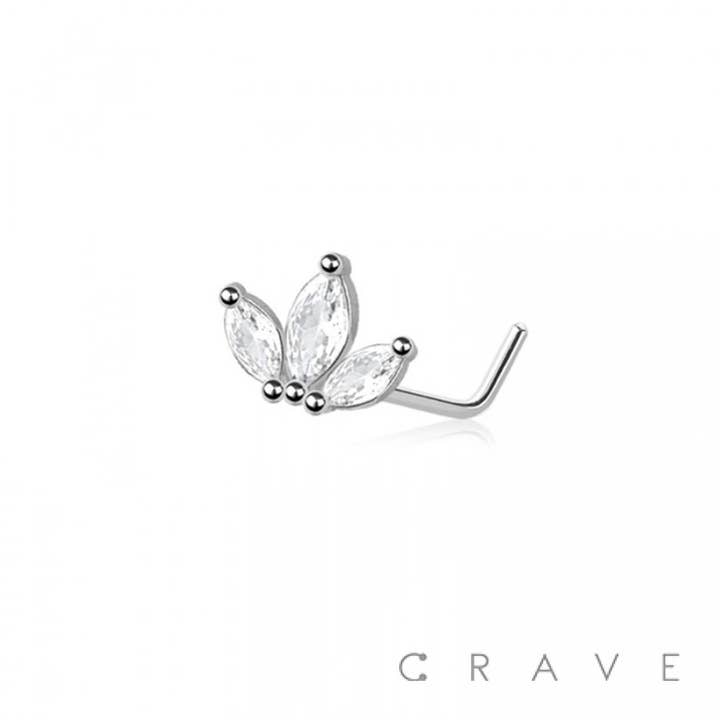 CRAVE BODY JEWELRY - Wholesale Nose Ring - CZ MARQUISE LEAF FAN 316L SURGICAL STEEL L SHAPE NOSE RING2