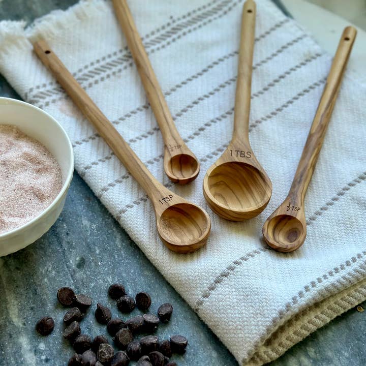 Salt & York - Wholesale Measuring Spoon - Handcrafted Olive Wood Long Handle Measuring Spoons Set2
