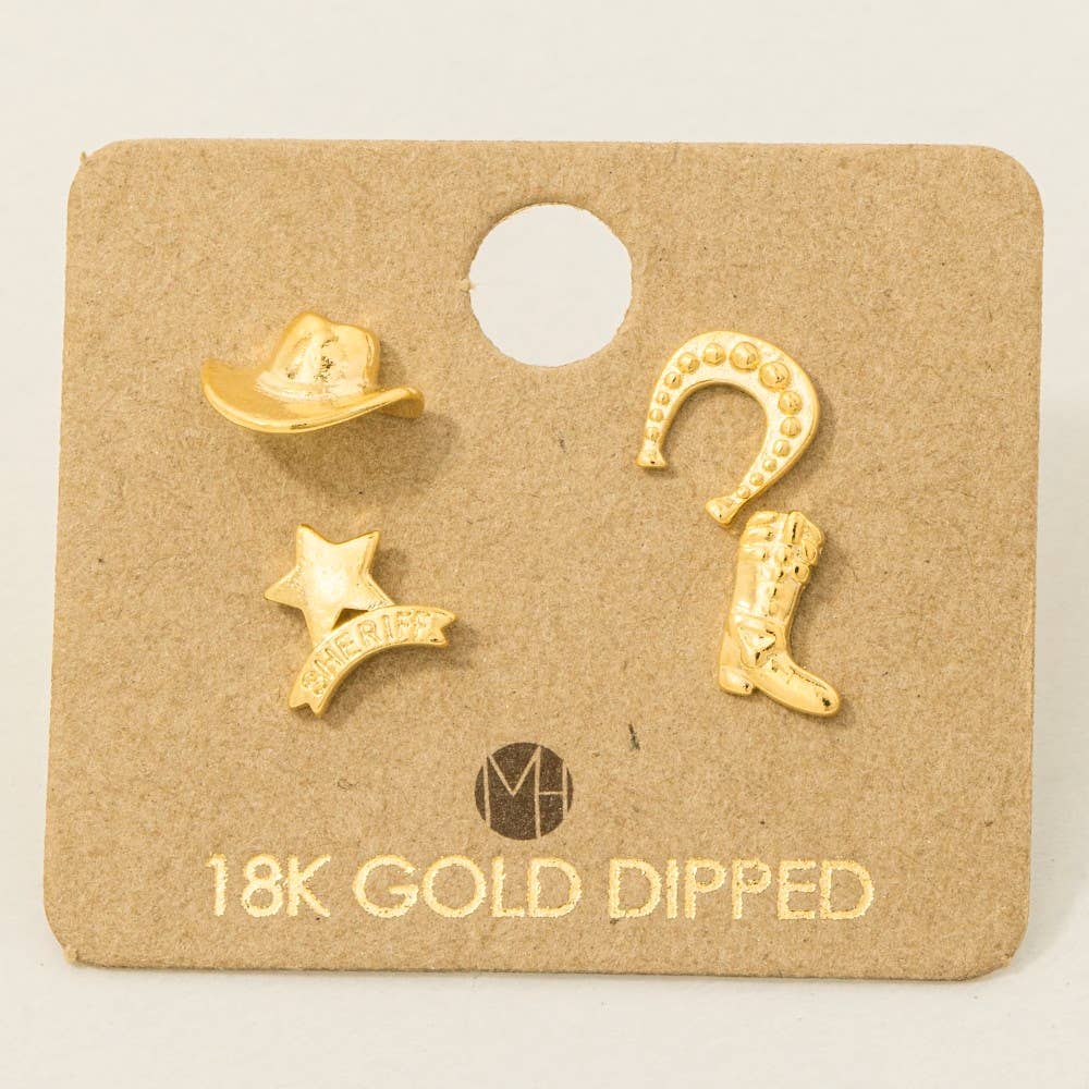 Fame Accessories - Wholesale Stud/Post Earrings - Western Gold Dipped Western Sheriff Theme Stud Earrings Set1