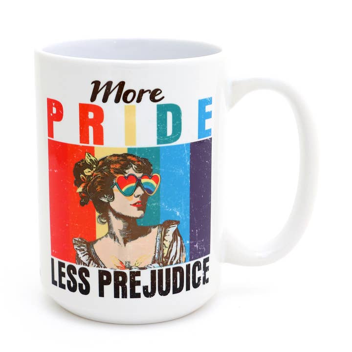 More Pride Less Prejudice Mug, LGBTQ support, 15 oz. for wholesale by Lenny Mud