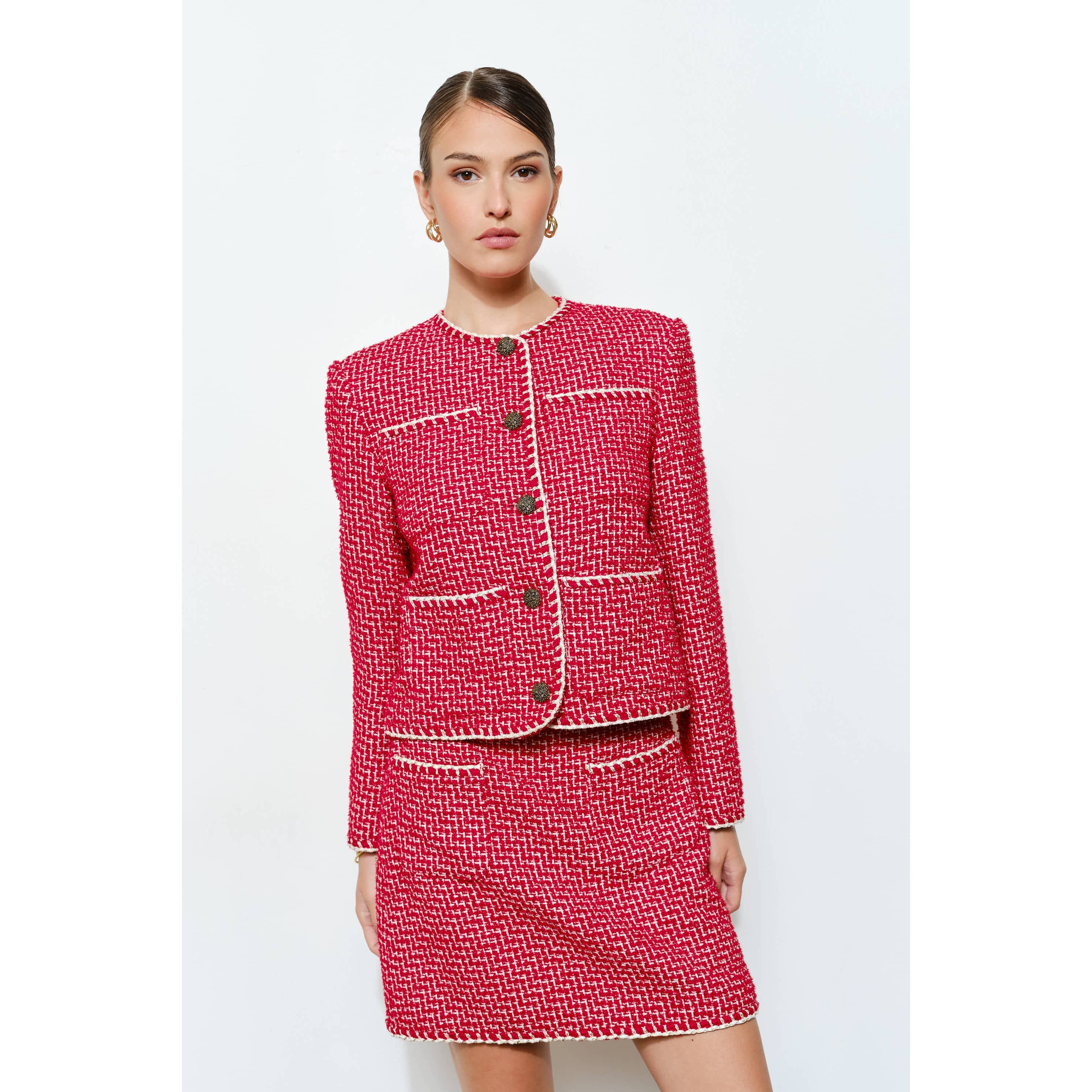INA - Wholesale Jacket - Women's - Braided Trim Tweed Button-Up Jacket3