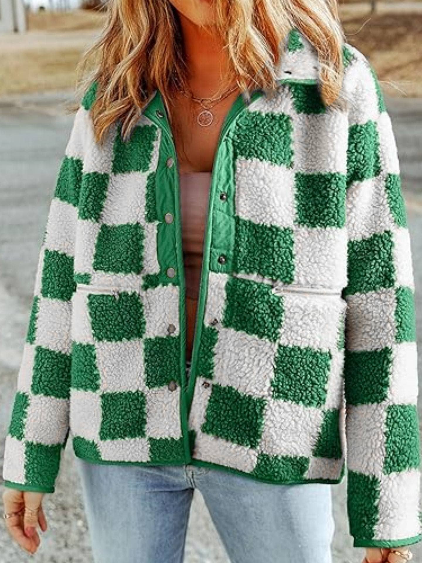 Rosa Clothing - Wholesale Jacket - Women's - Checkered fleece snap buttoned relaxed jacket11