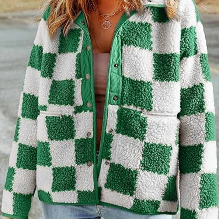 Rosa Clothing - Wholesale Jacket - Women's - Checkered fleece snap buttoned relaxed jacket11