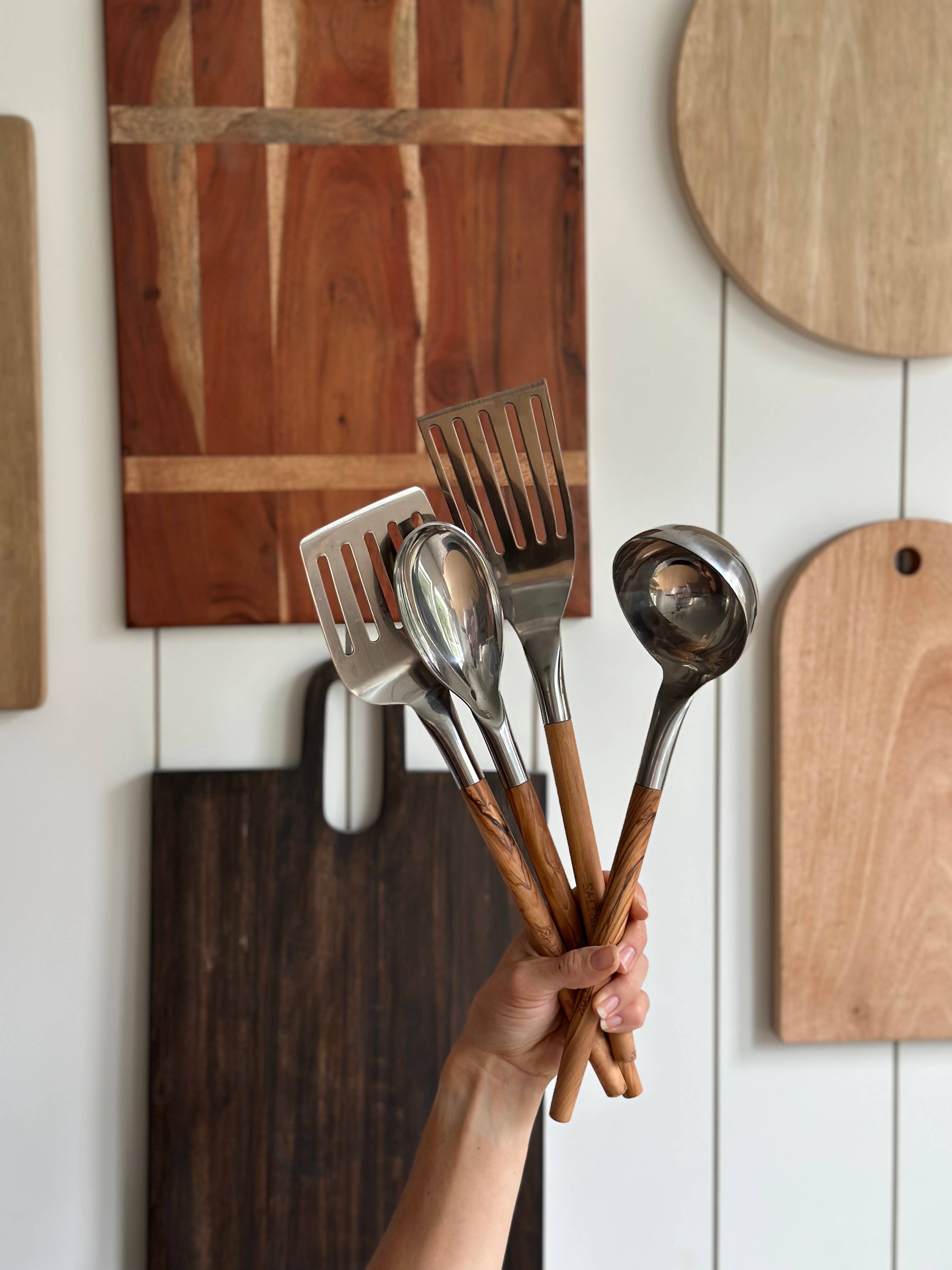 Salt & York - Wholesale Kitchen Utensil Set - 4 Piece Olive Wood or Walnut Wood Handle Utensil Set with St3