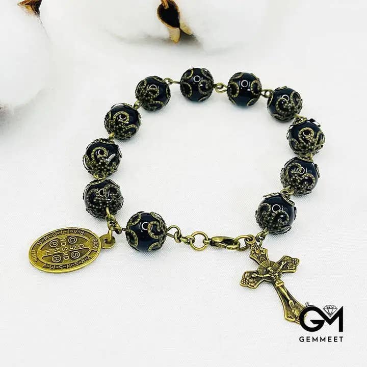 Obsidian Holy Medal Cross Rosary Bracelet for wholesale by GemMeet