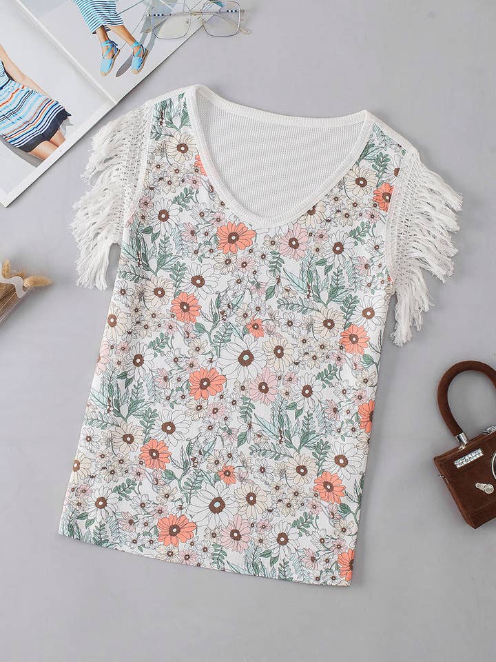 White Floral Crinkle Gauze Lace Fringed Crochet Top for wholesale on Faire