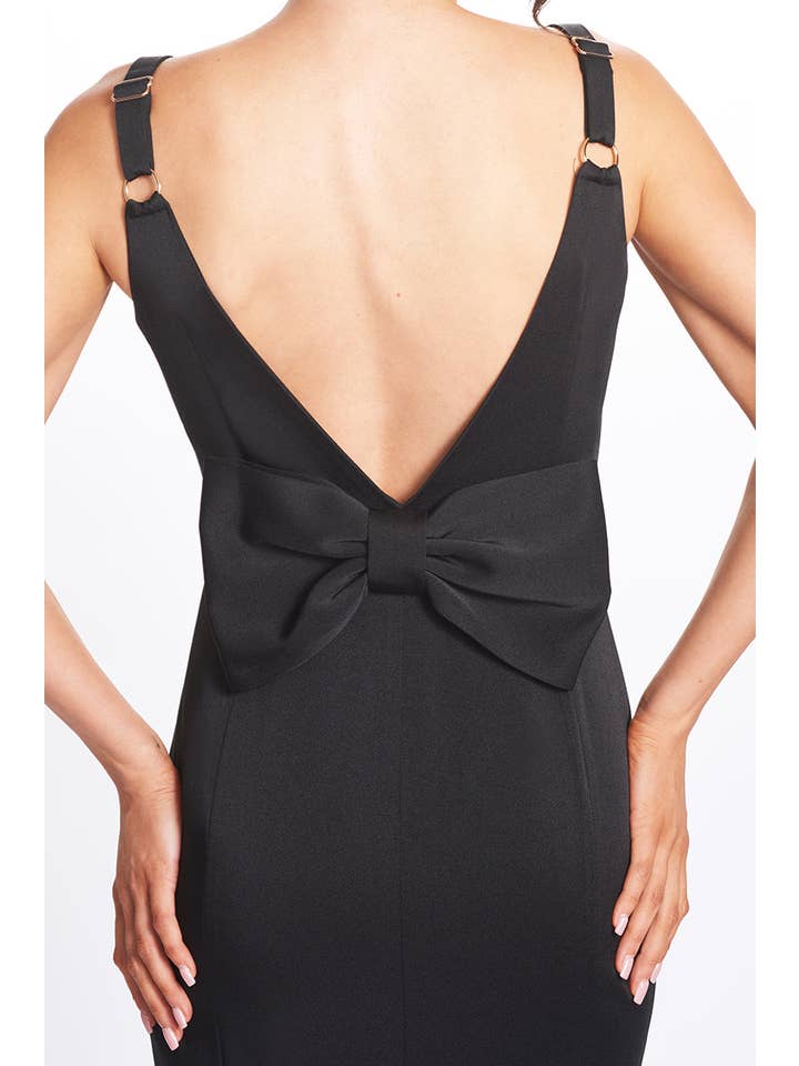 Homa Bow Back Dress: Satin sweetheart neck midi - black for wholesale on Faire7
