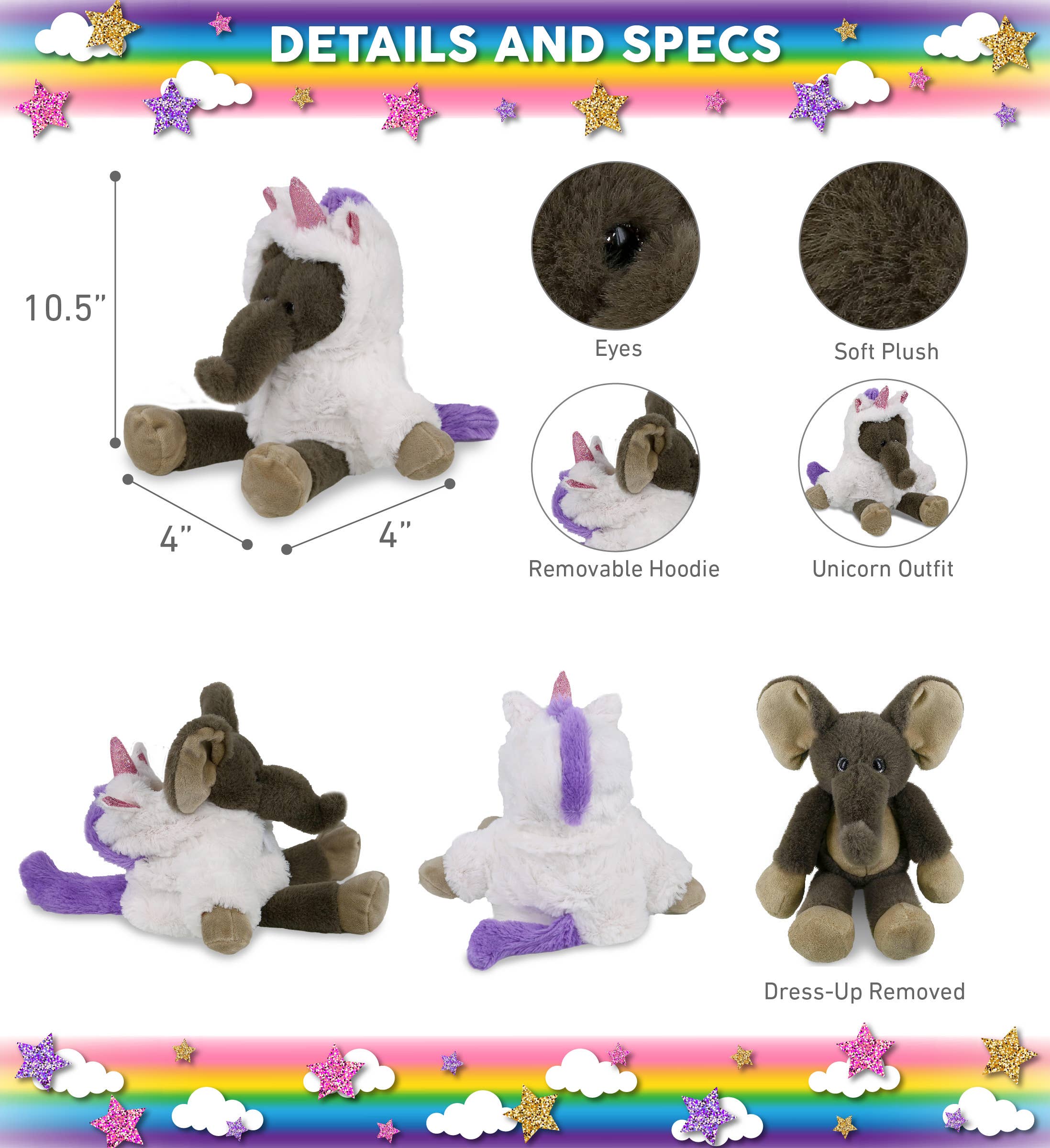 Cota Global - Wholesale Stuffed/Plush Toy - Kids & Baby - Plush Unicorn - Super-Soft Plush - Long Leg Elephant 10.5"2