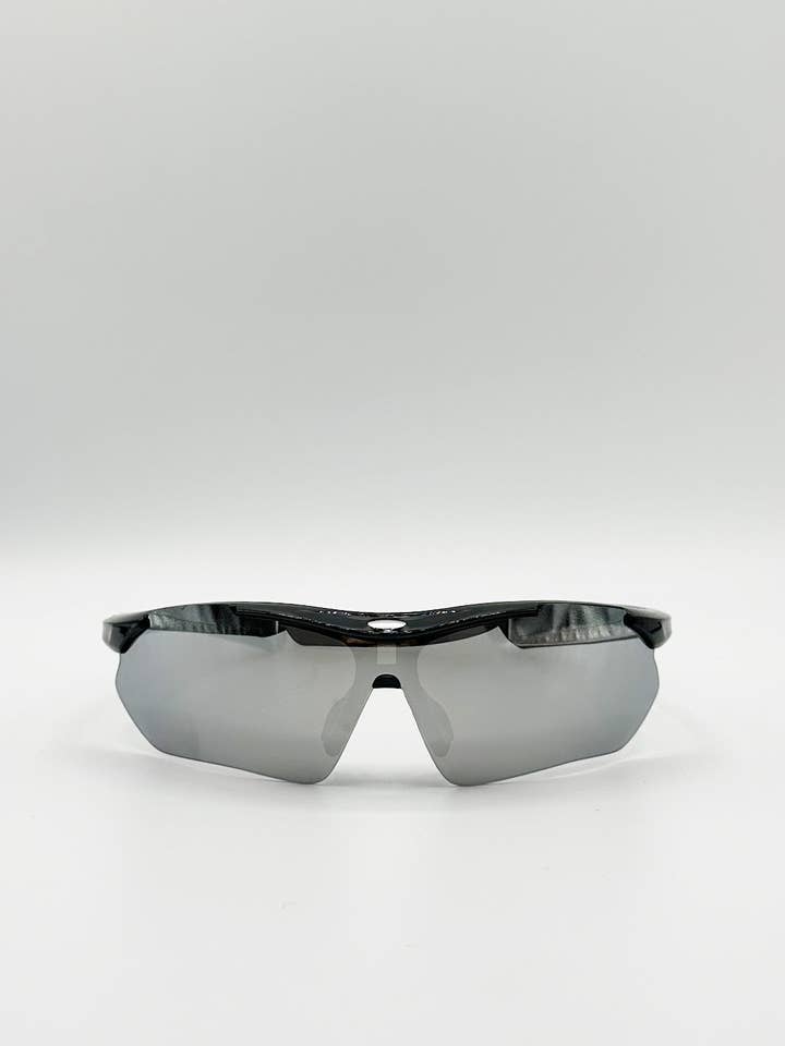 Outdoor Sports Racer Sunglasses in Black Silver Mirror for wholesale by AFA COLLECTIVE