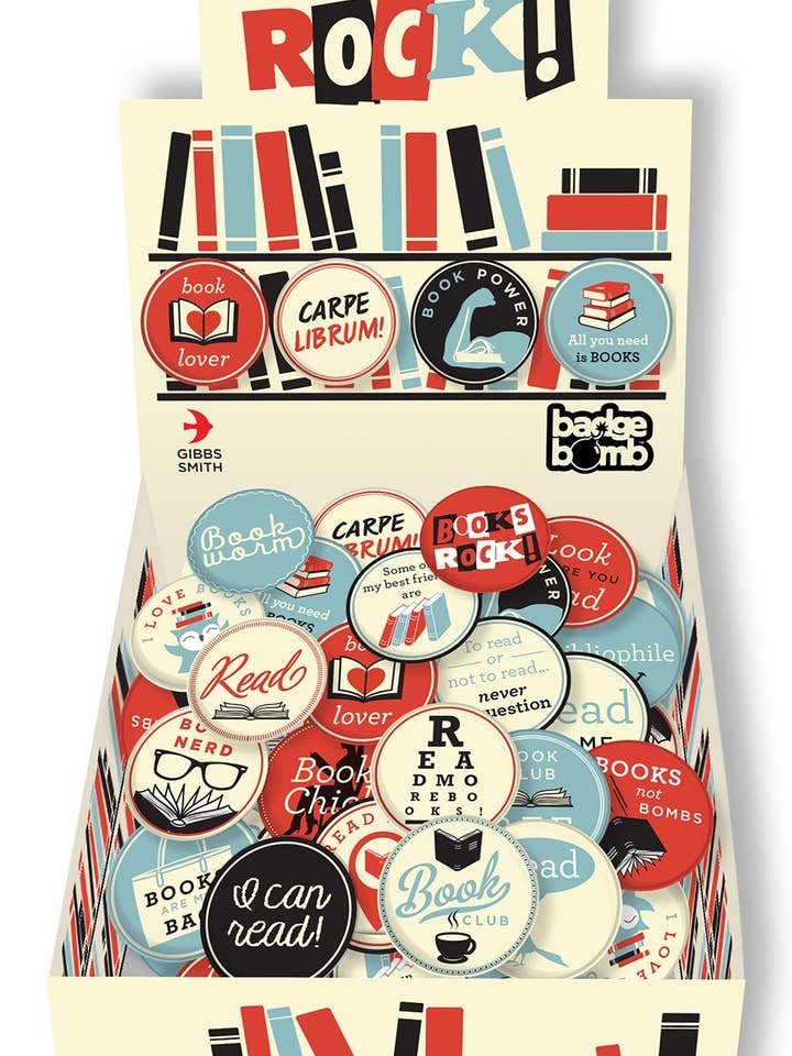 Livres Rock ! Boutons, affichage du compteur, boîte à boutons remplie pour la vente par Gibbs Smith