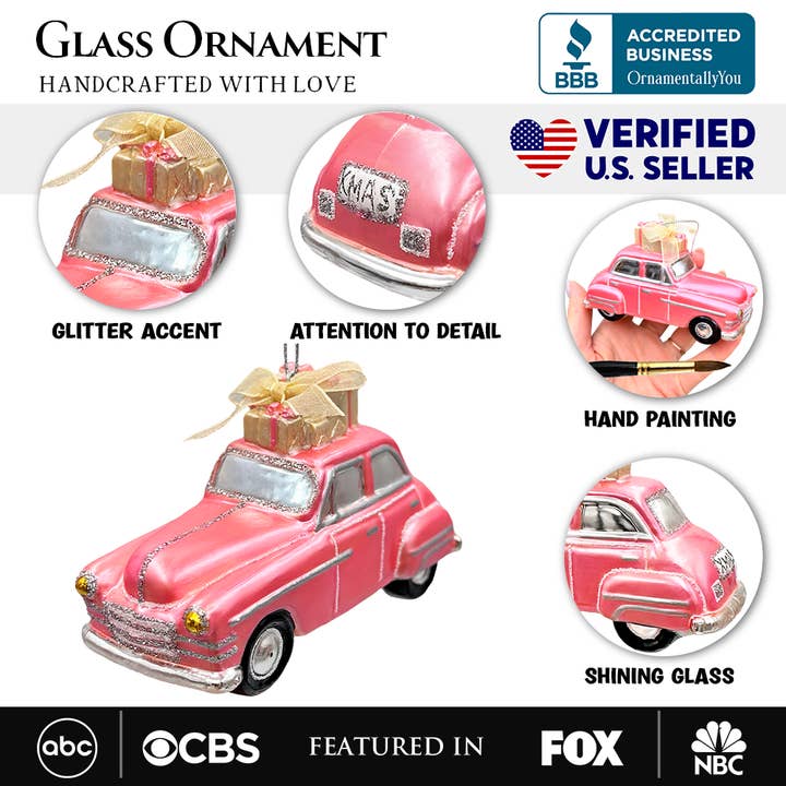 OrnamentallyYou - Wholesale Ornament - Nostalgic Pink Car Glass Christmas Ornament, Vintage Classic2