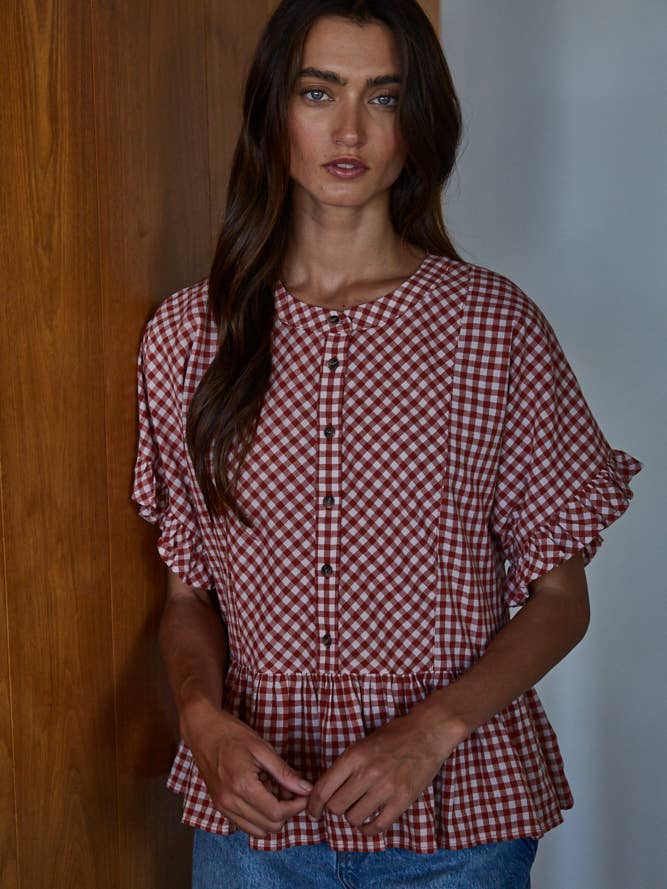 L9056 | Woven Cotton Gingham Ruffle Top for wholesale by By Together