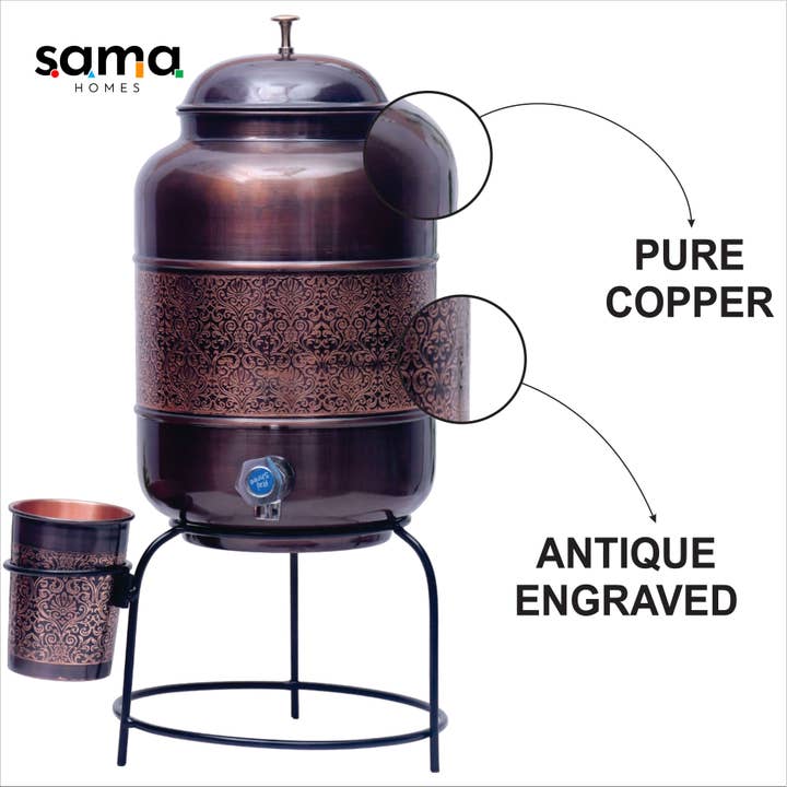 Pure Copper Water Dispenser with Glass and Stand Antique Engraved Designed Combo. for wholesale on Faire2