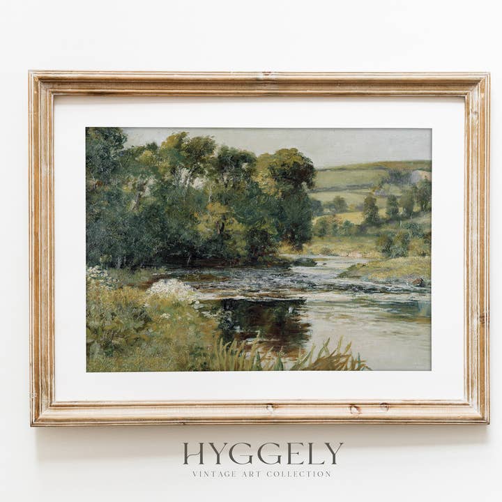 Peinture à l'huile antique sur un paysage vert sourd, impression d'art L136 pour la vente par Hyggely US