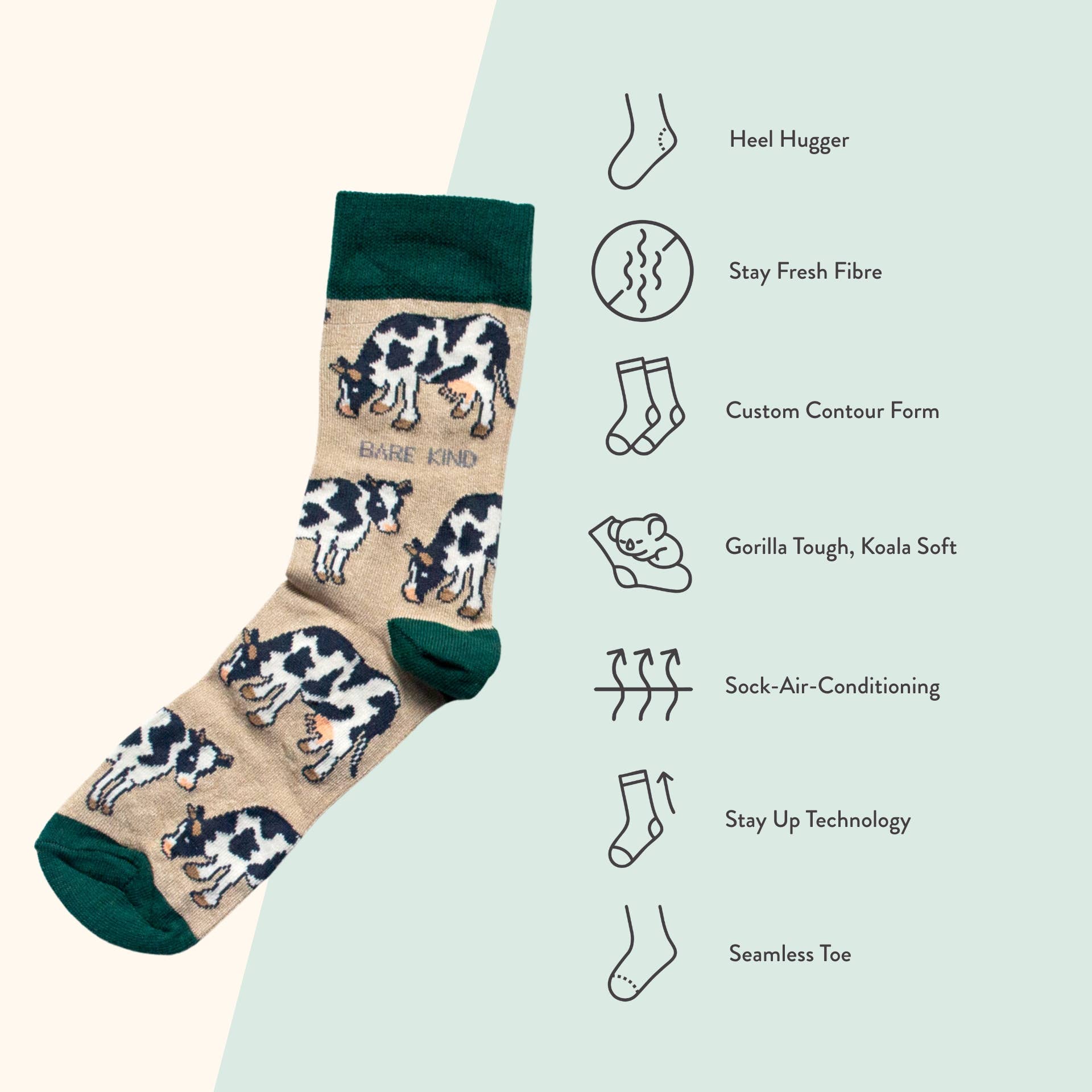 Bare Kind Socks - Wholesale Socks - Unisex - Cow Socks | Bamboo Socks | Beige Socks | Farm Socks6