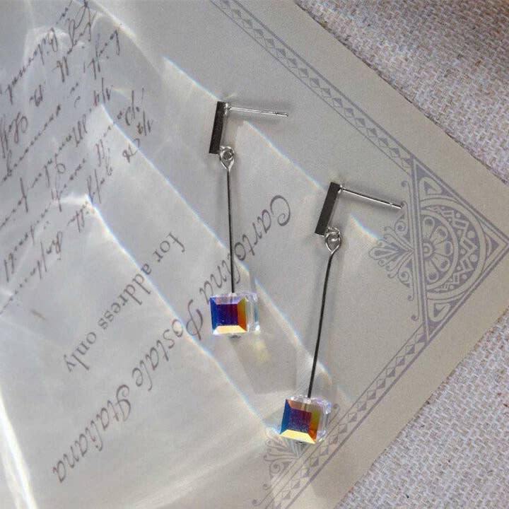 Haengseongworkshop - Wholesale Dangle Earrings - 1cm Rectangle Bar Stud Gold Plated/ 316 Surgical Stainless Steel 8mm Clear Ab Cube Bar Earrings