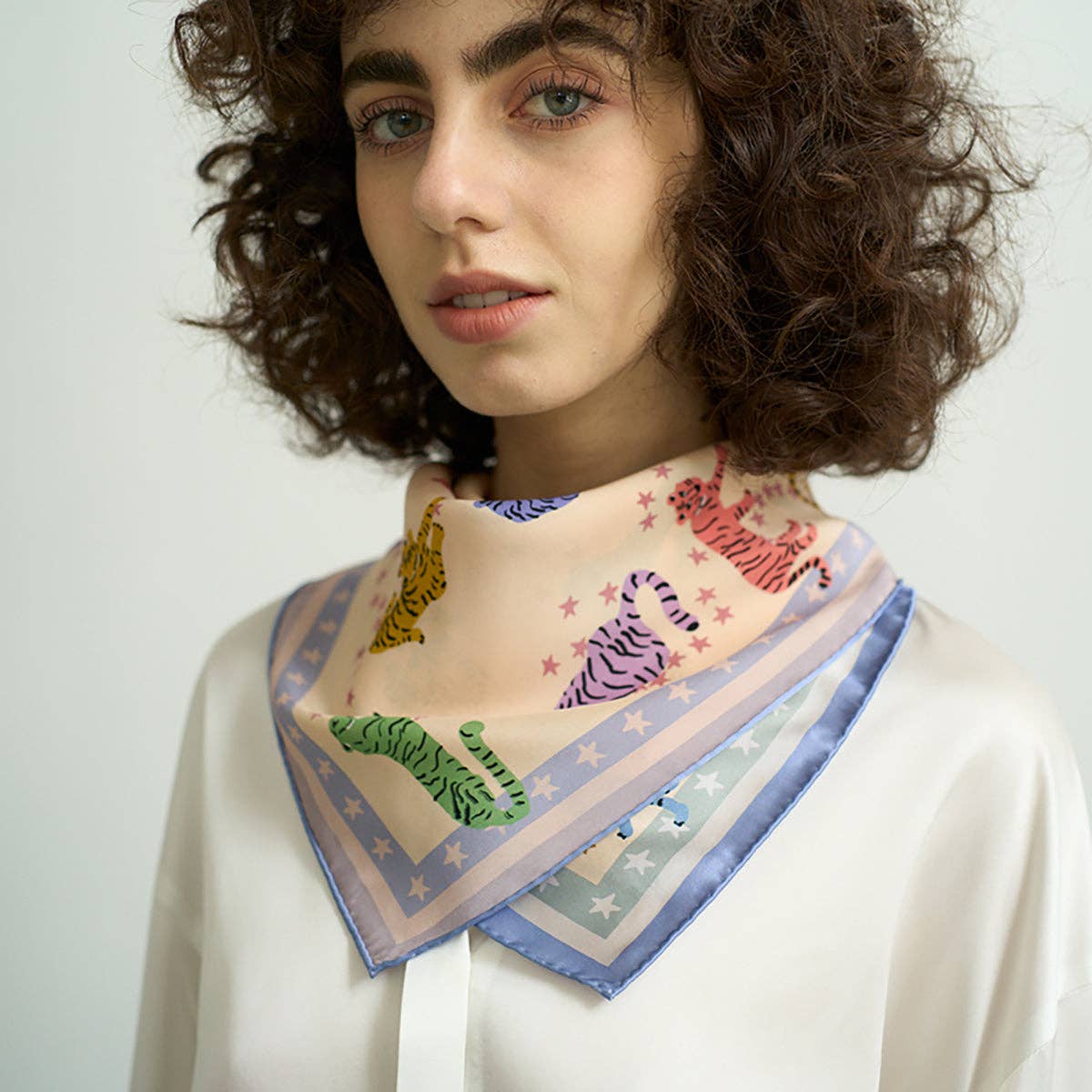 Dusty Blue "Neon Tigers" Silk Bandana Scarf for wholesale on Faire3