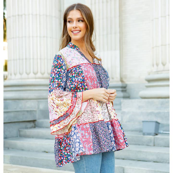 Multicolor Túnica de Patchwork Floral Multicolor Boho con Capas EN TALLA GRANDE de venta al por mayor en Faire1