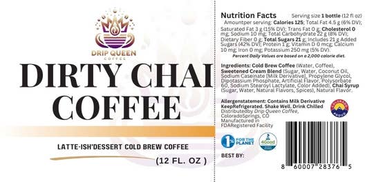 Drip Queen Coffee – wholesale Iced Coffee/Cold Brew – Latte-ish Dirty Chai Cold Brew Coffee 12/12oz3
